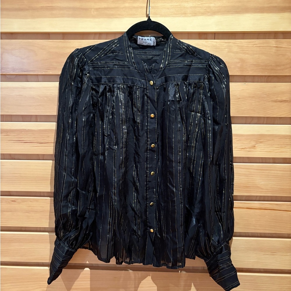 Frame Denim Black and Gold Elegant Blouse with Bishop Sleeves